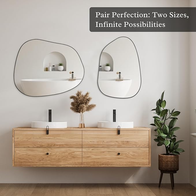 PERFNIQUE Irregular Asymmetrical Wall Mirror, 32"x24" Black Bathroom Mirror | Decorative modern unique mirror. HD glass mirror for bedroom, living room, entryway, mantel and vanity decor