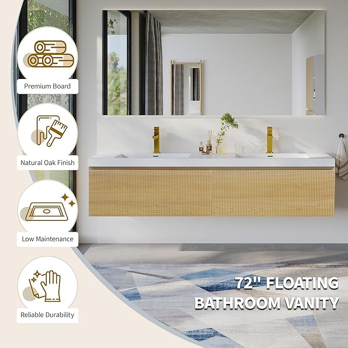 72'' Floating Bathroom Vanity with Sink Combo, Modern Wall-Mounted Striped Bathroom Storage Cabinet with Soft-Close Drawer and Double Glossy White Solid Surface Basins, Natural Oak