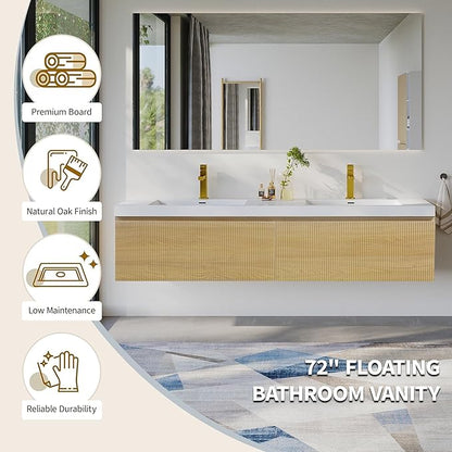 72'' Floating Bathroom Vanity with Sink Combo, Modern Wall-Mounted Striped Bathroom Storage Cabinet with Soft-Close Drawer and Double Glossy White Solid Surface Basins, Natural Oak