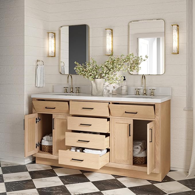 ARIEL Hepburn 66-inch Bathroom Vanity with Sink,Solid Wood, 1.5-inch Pure White Quartz Countertop & Backsplash, Double Oval Porcelain Sink, 4 Soft Closing Doors, 6 Dovetail Drawers, White Oak