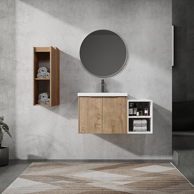 SSLine 36-Inch Single Bathroom Vanity Modern Wall Mounted Bathroom Vanity with Sink 36" Small Floating Bathroom Vanities Set with White Open Storage Shelf & 1 Side Cabinet,Brown White