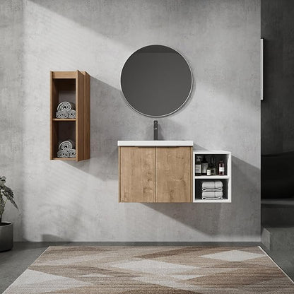 SSLine 36-Inch Single Bathroom Vanity Modern Wall Mounted Bathroom Vanity with Sink 36" Small Floating Bathroom Vanities Set with White Open Storage Shelf & 1 Side Cabinet,Brown White