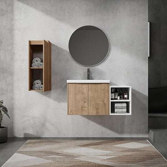SSLine 36-Inch Single Bathroom Vanity Modern Wall Mounted Bathroom Vanity with Sink 36" Small Floating Bathroom Vanities Set with White Open Storage Shelf & 1 Side Cabinet,Brown White