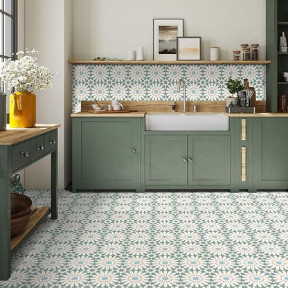 MORCART 40PCS 7.87" x 7.87" Peel and Stick Floor Tile, DIY Vinyl Flooring | Green and White Floral Look, Self-Adhesive, Removable and Waterproof Tile Sticker for Bathroom, Kitchen, Wall, Stairs