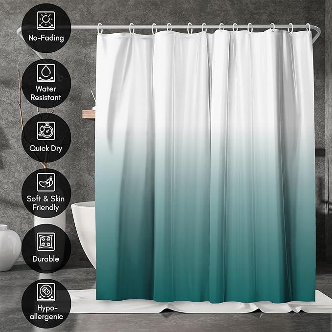Americanflat 71x74 Teal Ombre Shower Curtain - Water-Resistant Long Shower Curtain with Durable Grommets and 12 Hooks - 100% Polyester