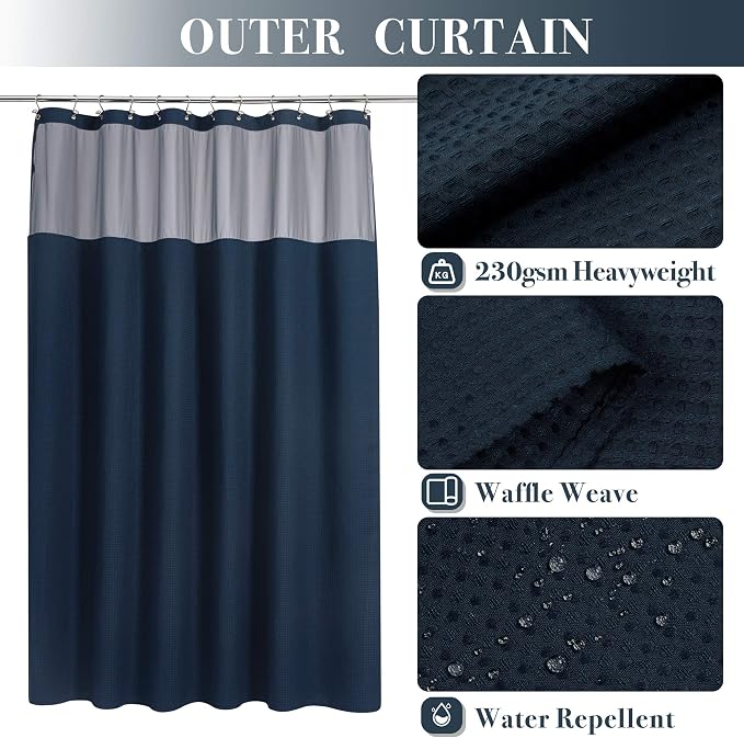 N&Y HOME Extra Long Waffle Shower Curtain with Snap-in Liner Navy, 71x84 | 12 Hooks & Snap on Fabric Liner, Washable, Mesh Window, Hotel Style, 84 inches Length Navy Shower Curtain Set for Bathroom