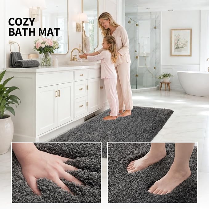 ILANGO Dark Gray Bathroom Rugs 48" × 24" Non Slip & Super Absorbent Extra Thick Soft, Washable Bath Mat for Floor, Microfiber Plush Shaggy Bath Rug with Rubber for Bathtub Shower Room Sink