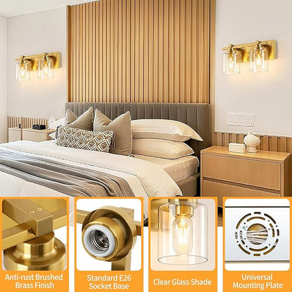 2 Light Modern Bathroom Light Fixtures Over Mirror, Brass Finish Vanity Lights for Bathroom Wall Sconces with Clear Glass Shades, E26 Socket (Bulbs Not Included)