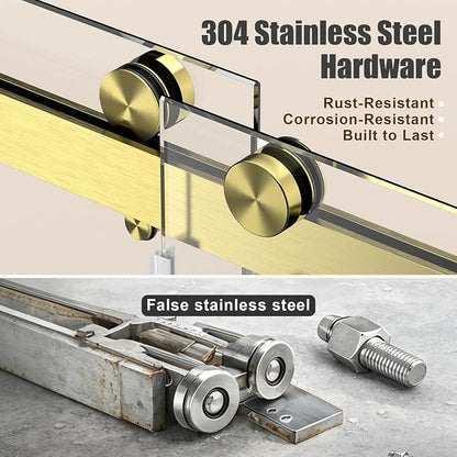 Frameless Shower Door, Stainless Steel Sliding Shower Doo, 50-54" W x 76" H - 1/4” (6mm) Thick Tempered Glass Rust-Proof Glass Shower Door with Dual Tracks in Gold