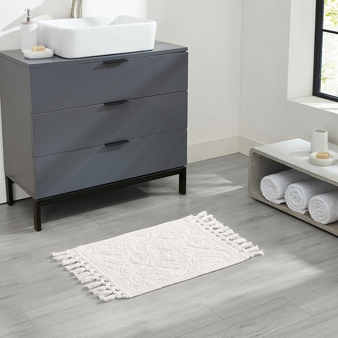 Jean Pierre - Ricardo Bath Mat, Woven Fringe Bathroom Rugs, 100% Cotton, Premium Bathroom Decor - Measures 27" x 52" - Ivory