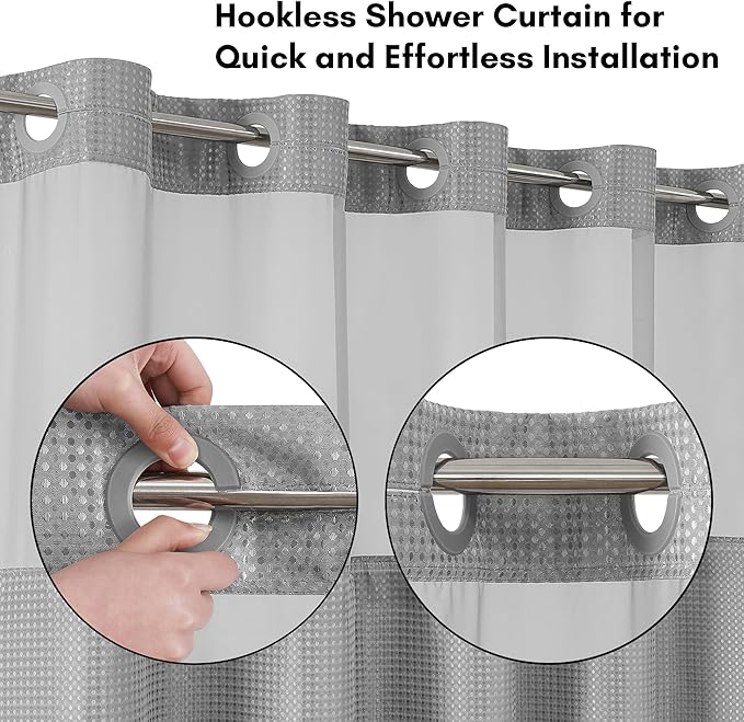 Americanflat 72x75 Hookless Waffle Pattern Shower Curtain - Water-Resistant Long Shower Curtain with Sheer Panel, Snap-in Liner, and Durable Grommets - 100% Polyester - Light Grey