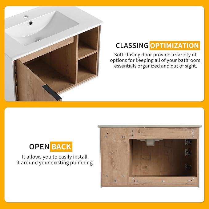 30 Inch Bathroom Vanity with Sink, 30" Single Sink Wall Mounted Bathroom Vanities with Open Storage Space and Ceramic Basin Top, Modern Bath Storage Cabinet Set for Small Space, Imitative Oak