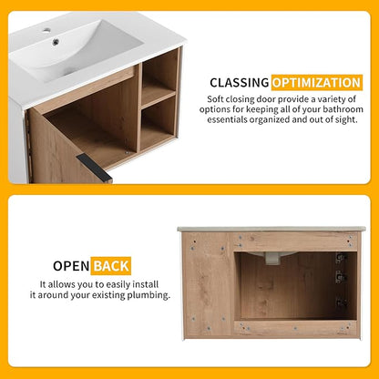 30 Inch Bathroom Vanity with Sink, 30" Single Sink Wall Mounted Bathroom Vanities with Open Storage Space and Ceramic Basin Top, Modern Bath Storage Cabinet Set for Small Space, Imitative Oak