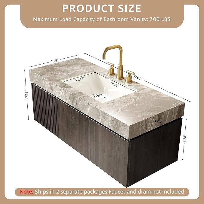 48” Floating Bathroom Vanity with Sink, Wall-Mounted Cabinet with Drawer & Doors, Gray Travertine-Pattern Sintered Stone Top, Undermount Basin, 3 Faucet Hole, Soft-Close, Pre-Assembled, Dark Oak