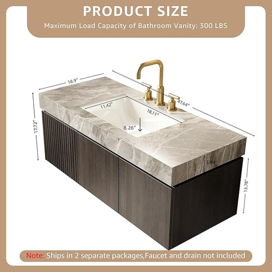 48” Floating Bathroom Vanity with Sink, Wall-Mounted Cabinet with Drawer & Doors, Gray Travertine-Pattern Sintered Stone Top, Undermount Basin, 3 Faucet Hole, Soft-Close, Pre-Assembled, Dark Oak