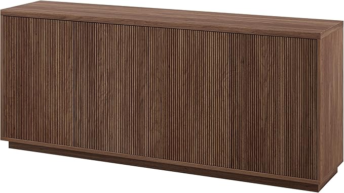 Henn&Hart 68" Fluted Sideboard Buffet Cabinet, Ribbed Modern Wooden Credenza with 4 Doors, Adjustable Shelves, and Cable Management Cut-Outs for Dining Room, Kitchen, or Living Room, Medium Walnut