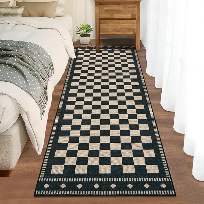 Garvee Washable Kitchen Runner 2x6 Checkered Black Non Slip Low Pile | Farmhouse Geometric Entryway Rug Soft Bathroom Rugs Stain Resistant Carpet for Laundry Bedroom