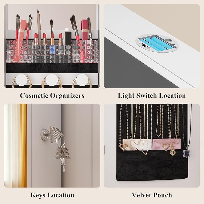 LVSOMT Over the Door Jewelry Organizer with Mirror Door Mirror with Storage | Jewelry Mirror Cabinet with Large Capacity, 6 LED Lights,Velvet Lining, Space-Saving for Bedroom, Cloakroom, Gift Women Girls