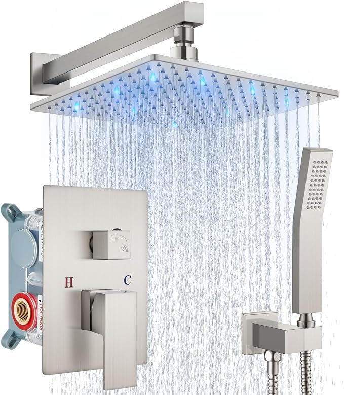 Aolemi Shower Faucet Set with Valve Handheld 10" LED Head Brushed Nickel | Handheld Spray,10 Inch Rain LED Head,Valve and Trim Kit,All Metal,Wall Mount Shower System,Bathroom Mixer