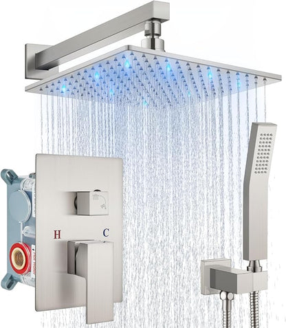 Aolemi Shower Faucet Set with Valve Handheld 10" LED Head Brushed Nickel | Handheld Spray,10 Inch Rain LED Head,Valve and Trim Kit,All Metal,Wall Mount Shower System,Bathroom Mixer