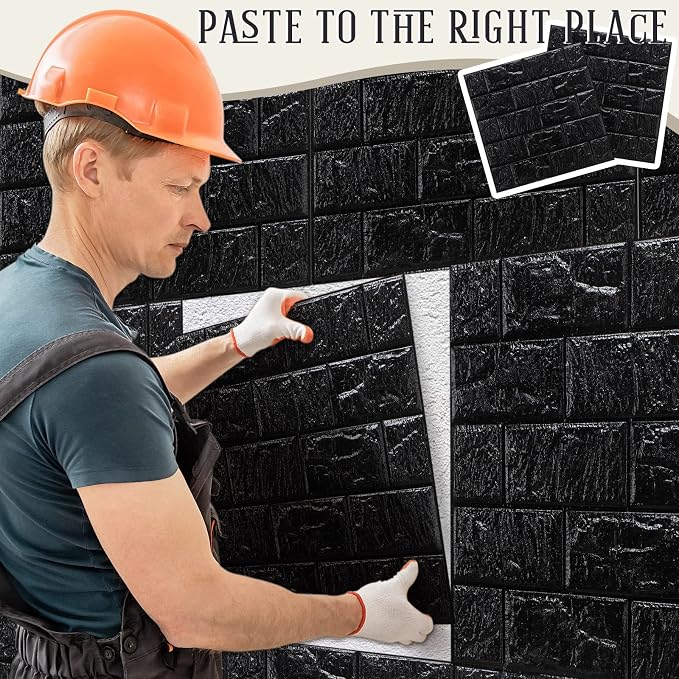 30 Pcs 3D Wall Panels Peel and Stick Wallpaper Foam, Black | Faux Brick Stone Tiles, Covering 28.8-48.4 Sq ft, Self Adhesive Waterproof Panels for Bedroom Living Room Kitchen Walls