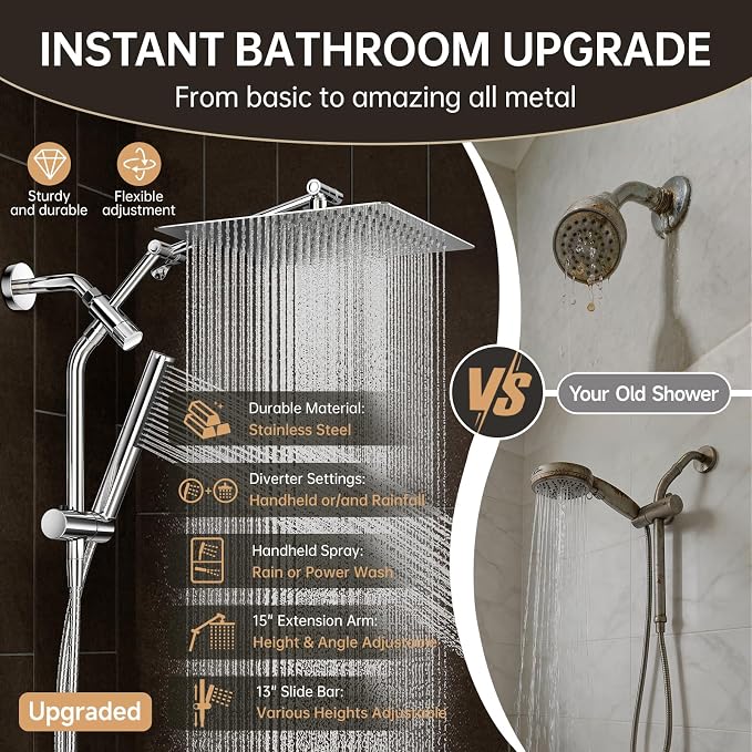 Veken All Metal 12" Luxurious Shower Head with Handheld,Full Body Coverage | Large Detachable 12" Square Rain Showerhead,Dual High Pressure Shower Heads Combo,Power Jet,Overhead Waterfall,Chrome,Silver