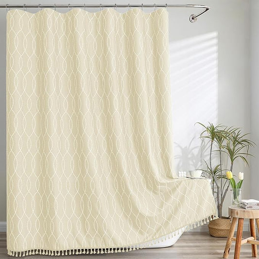 OVZME Light Beige Shower Curtain for Bathroom, Puff Printed Textured Shower Curtain with Tassels, Rustic Geometry Heavy Duty Vintage Country Bathroom Curtain, Water Resistant Fabric, 72Wx72L Inches