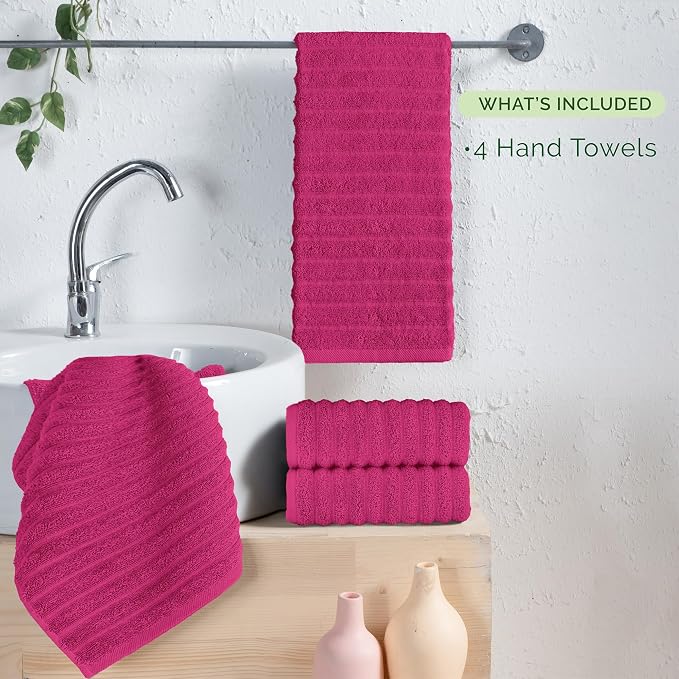 Elegant Comfort Luxury 100% Turkish Cotton Corduroy Ribbed 4 Pack Hand Towel Set 16 x 28 Inch - Absorbent, Super Soft, Quick Dry, Premium Towels for Bathroom, Gym, Spa and Hotel Use, Hot Pink