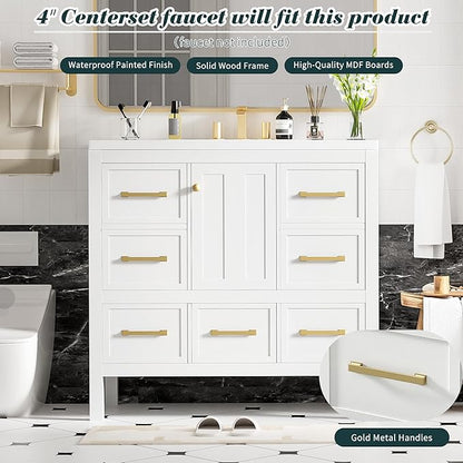 Merax 36 Inch White Bathroom Vanity with Sink,Modern Bathroom Sink Cabinet 36" with 5 Drawers & Storage Cabinet,Spacious Integrated Countertop,Gold Handles,Soft Closing,Solid Wood Frame
