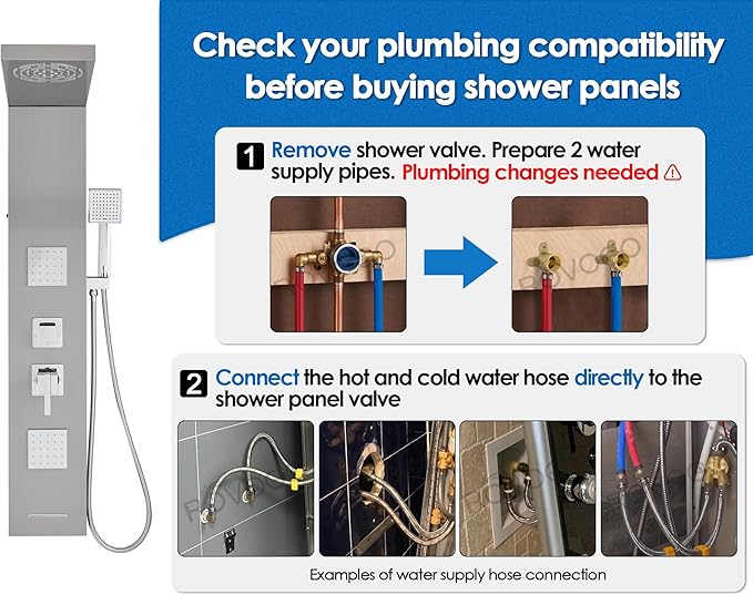 ROVOGO Shower Panel Tower System with Led Lights, 2-Setting Shower Head, Body Jets, Handheld and Tub Spout, Stainless Steel Shower Column with Mixer Valve, 46.5", Brushed