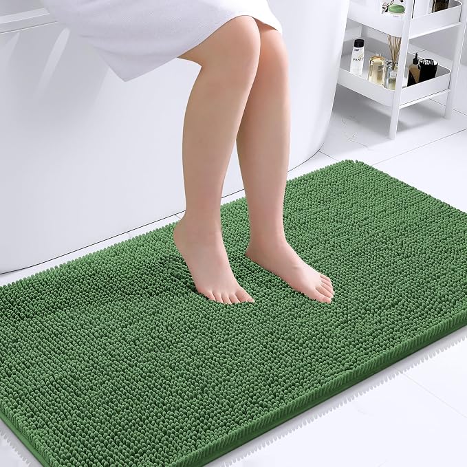 OLANLY Bathroom Runner Rugs 40x24, Extra Soft Absorbent Chenille Bath Rugs | Olive Green, Quick-Drying Rubber Backing, Washable Long Bath Mat for Bathroom Floor, Tub and Shower, Home Decor Accessories