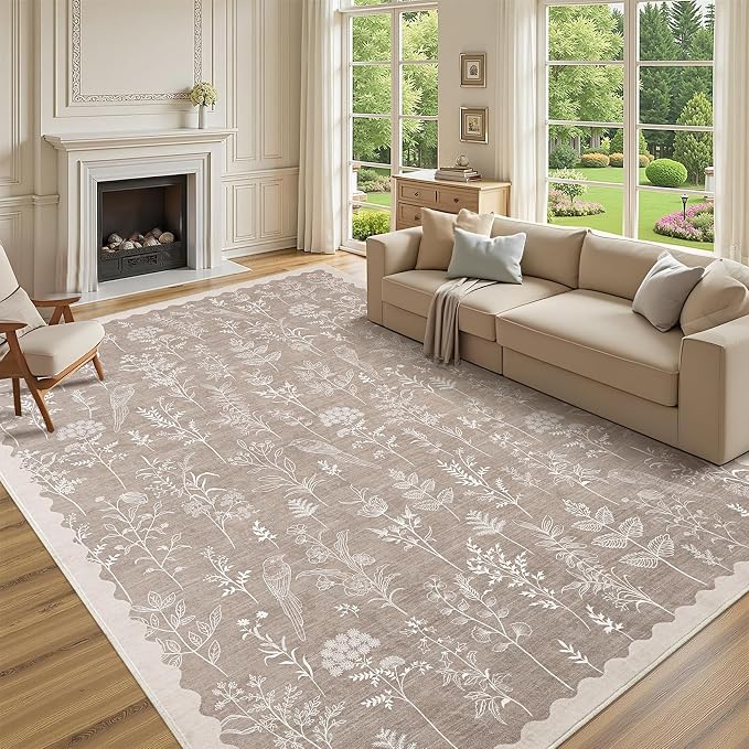 GarveeHome Washable 8x10 Area Rugs for Living Room Scalloped Floral Bedroom Rug, Non-Slip Stain Resistant Dining Table Carpet, Botanical Large Rug Neutral Carpet for Farmhouse Dorm Home Office, Taupe