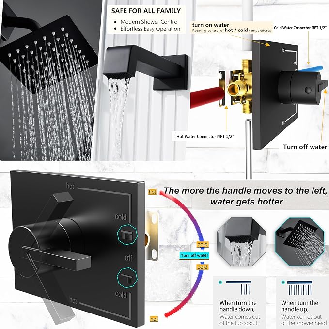 Black Shower Faucet Set with 6" Matte Black Shower Head and Tub Spout | Black Shower Head and Handle Set,tub faucet,black shower head,Black Shower Faucet,shower set