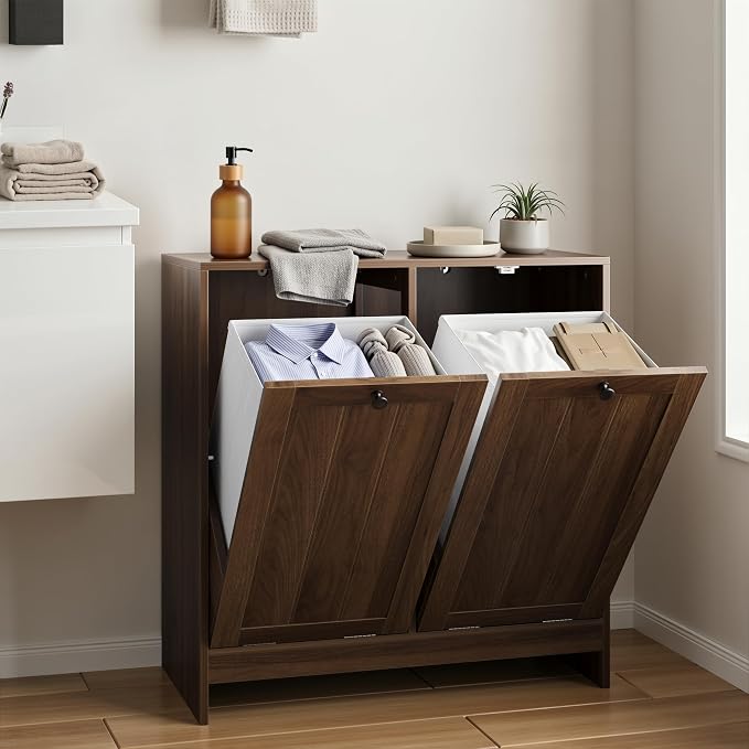 Smart FENDEE Double Tilt Out Laundry Hamper Cabinet, 11.8 Gallon Hidden Trash Cabinets with 2 Baskets for Kitchen, Freestanding Small Bathroom Storage Cabinet Unit, Walnut