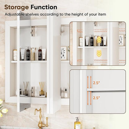 Antok 24x24 Inch Medicine Cabinet with Mirror, Wall Mounted Bathroom Mirror Cabinet, Wooden Medicine Cabinet Mirror, Recessed or Surface, White