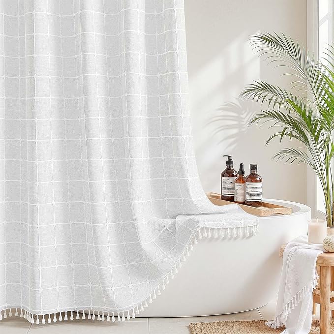 RiverDream Farmhouse No Hooks Shower Curtain with Snap-in Liner,White,71x80 | Snap on Fabric Liner,Heavy Duty,Quick Dry,Mesh Top Window,With Bottom Magnets,Washable,with Tassels,Long Size