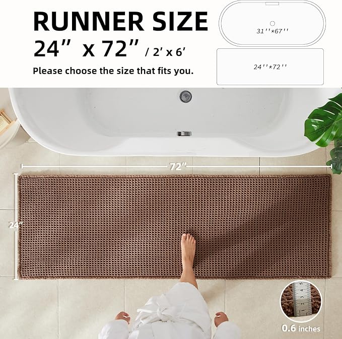TYUU Waffle Runner Rug Bathroom, Long Boho Bath Mat, 72x24 Mocha | Super Absorbent Quick Dry Bath Rug, Non-Slip Backing, Soft Waffle Washable Farmhouse Bathroom Mats, Tub, Shower & Home Decor