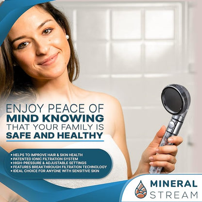 MineralStream Ionic Shower Head 2.0 | High Pressure Water Saving Showerhead with Filter Beads | Eco Water Spa Shower Heads for Hair & Skin Health