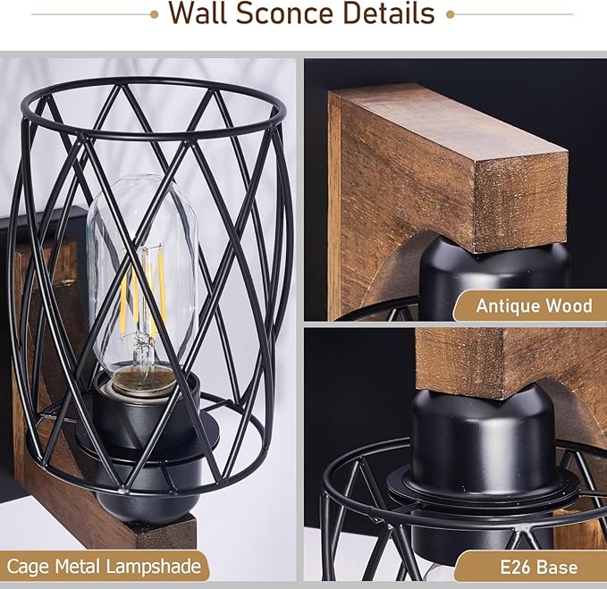 4-Light Farmhouse Bathroom Vanity Light, Wood Bathroom Lighting Fixtures Over Mirror, Black Bathroom Light Fixtures with Cage Metal Shade, Rustic Vanity Light with E26 Base