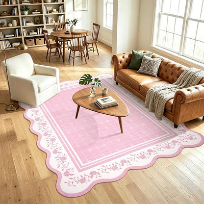 Garvee Scollaped Rugs for Living Room 5x7 Area Rugs for Bedroom Soft Pink | Non-Slip Low Pile Neutral Kids Rug Non-Shedding Bordered Nursery Carpet Foldable Thin Mat for Dining Room Kitchen Playroom