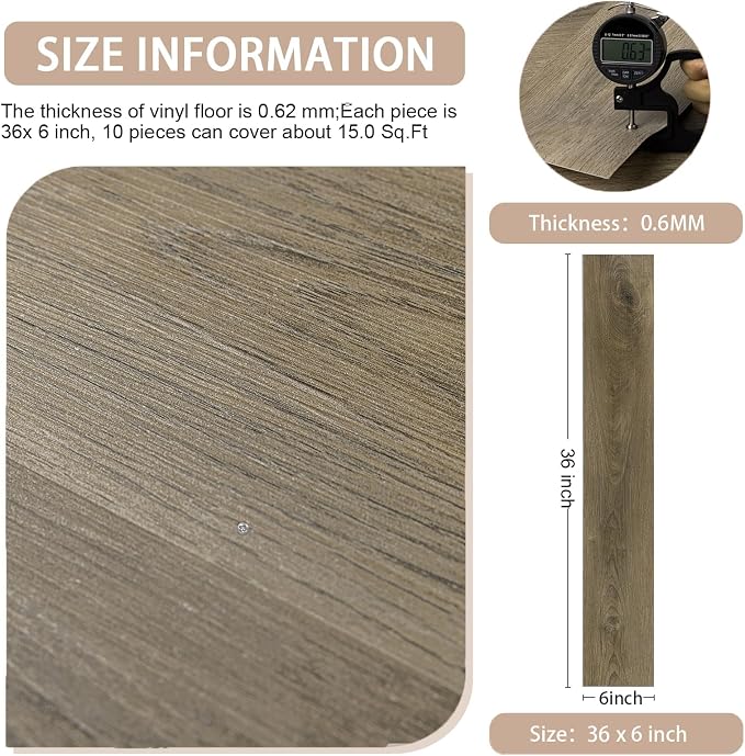 Peel and Stick Floor Tile Wood Plank Look, Self-Adheisve Vinyl Flooring | Brown,10-Pack 15 Sq.Ft, Floor Tiles Peel and Stick Waterproof for Bathroom Kitchen RV Renter, 36x6inch