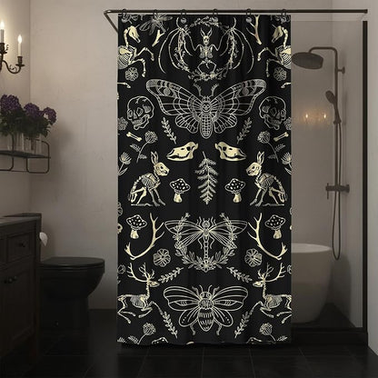 Halloween Black Gold Skeleton Moth Stall Shower Curtain Set 36x72 Inches | Black Gold Skeleton Moth Halloween Print, Witchy Gothic Decor, Ideal for Stall & Guest Bathroom, Great Housewarming Gift