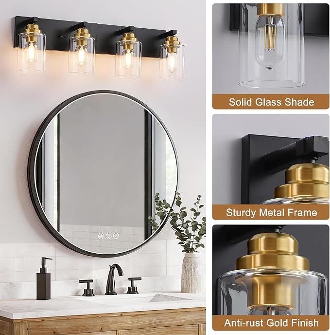 4-Light Black and Gold Bathroom Vanity Light, Clear Glass Shade | 27.5" Wall Mount Over Mirror Lighting Fixtures, Brushed Gold Finish, Durable Metal, Modern Farmhouse Style, for Bathroom