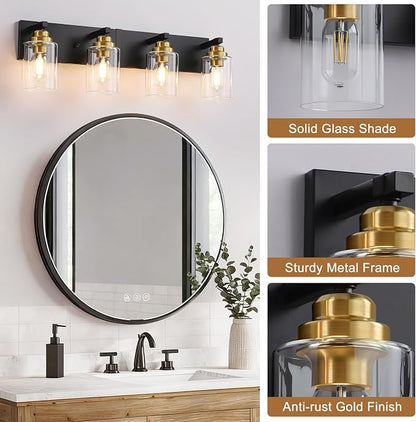 4-Light Black and Gold Bathroom Vanity Light, Clear Glass Shade | 27.5" Wall Mount Over Mirror Lighting Fixtures, Brushed Gold Finish, Durable Metal, Modern Farmhouse Style, for Bathroom
