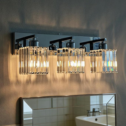 Brushed Chrome Crystal Bathroom Vanity Light, 3-Light Modern Bathroom Lighting Fixtures Over Mirror,Chrome Wall Sconce Light Fixtures with Square Shade