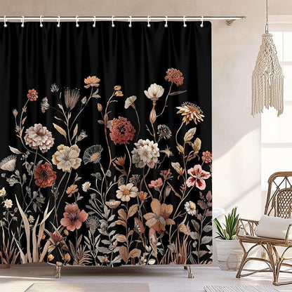 Vintage Boho Black Floral Shower Curtain, Beige Brown Cream Tan Rustic Farmhouse Flower Shower Curtain Set, Cute Botanical Wlidflowers Fabric Shower Curtains Decoration, 72X78 Bathroom Accessories