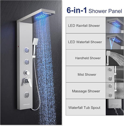 ROVATE 6-in-1 LED Rainfall Waterfall Shower Panel Tower System, Brushed | High Pressure Stainless Steel Shower Column with Tub Spout, 2-Setting Body Jets and Flexible Handheld, Water Flow Adjustable
