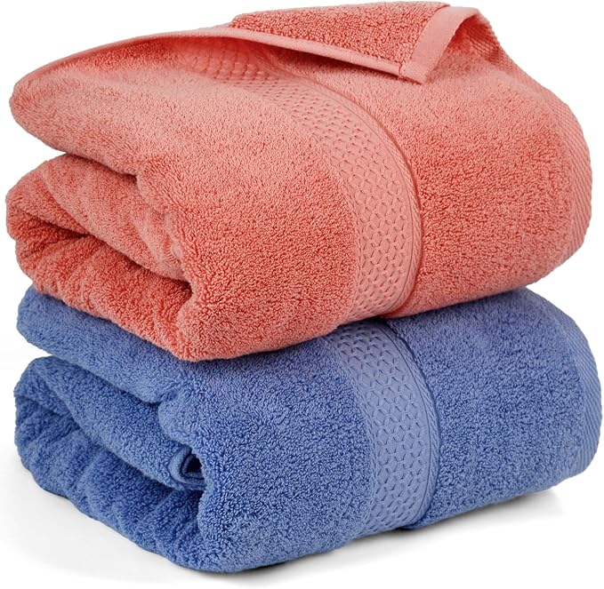 Cleanbear Bath Towels Soft Cotton, 2-Pack Absorbent Towels, 55 x 27.5 Inch | Bathroom Shower Towels set of 2 With Assorted Colors for Men and Women Body Drying, (Coral & Light-Lilac)