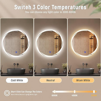 Bathroom Smart Mirrors with Three Color LED Lights,20”x20 Bath Round Mirror,Backlit + Front Lit Temperature Brightness Settings-Wall Mounted Lighted Bathroom Vanity Mirror