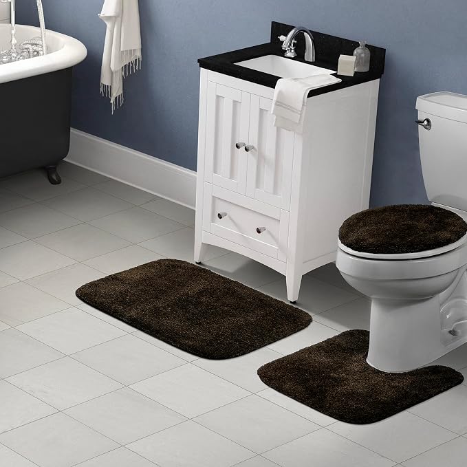 Garland Rug Traditional Nylon Washable Chocolate 3 Piece Set - Lid, Contour, Bath Rug - Soft, Absorbent, and Stylish for Your Bathroom